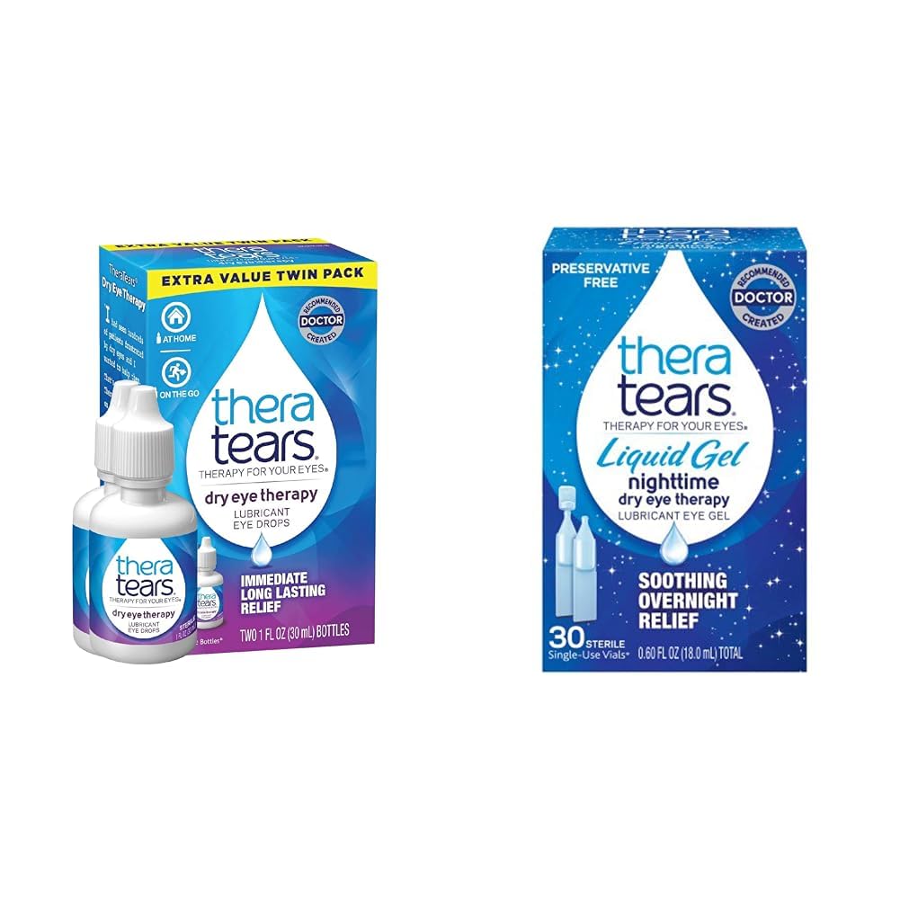 TheraTears 干眼治疗 润滑眼滴换干眼, 1 fl oz 瓶双包, 2 x 30mL 瓶) & Liquid Gel 夜间润滑眼滴换干眼, 单用途 Vials, 30 Counter