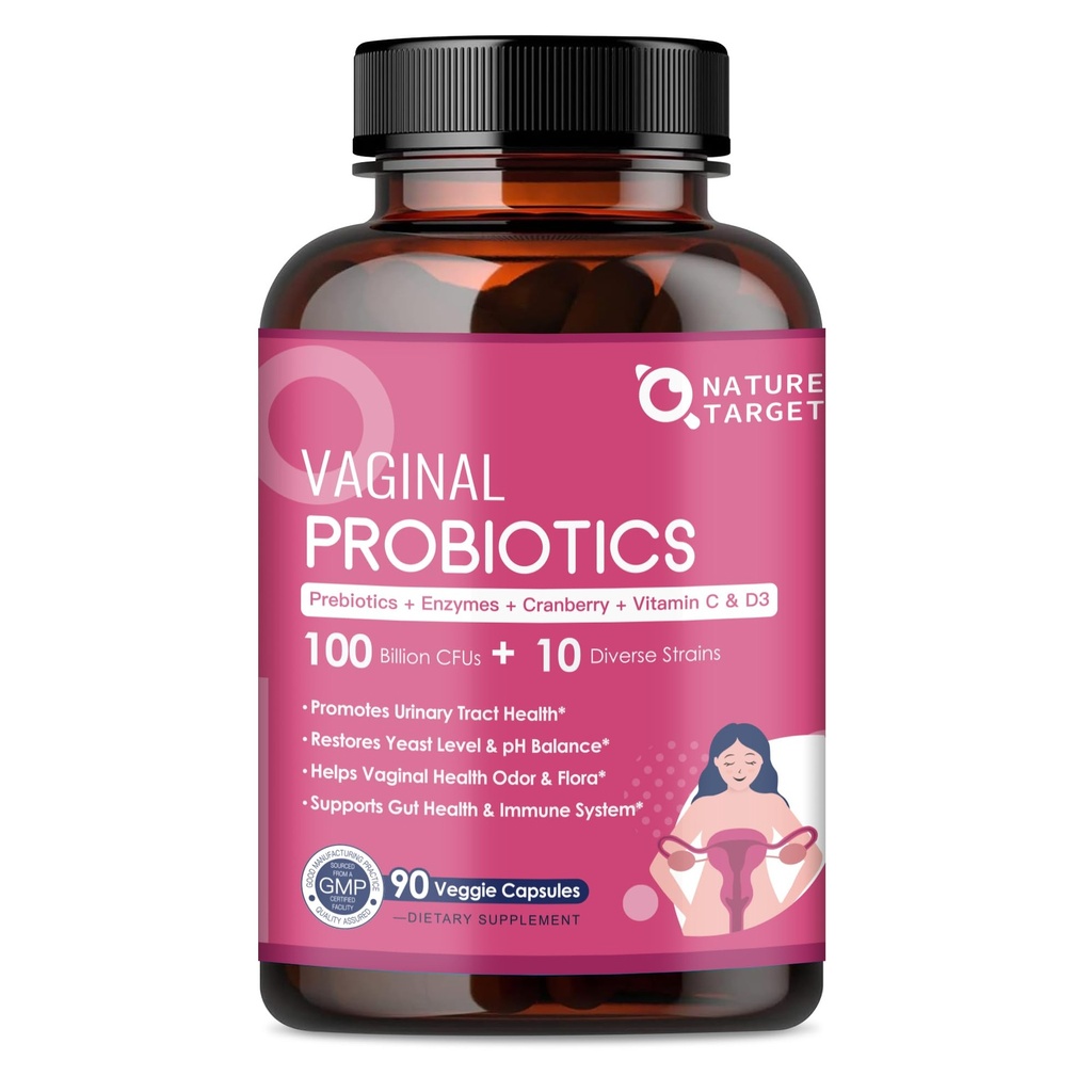 NATURE TARGET 阴道女性代孕药物,100亿CFUS 代孕药物和带有消化酶的代孕药物,Cranberry & D-Mannose - 支持pH平衡,食用和尿道切除术健康 - 90 Capsules