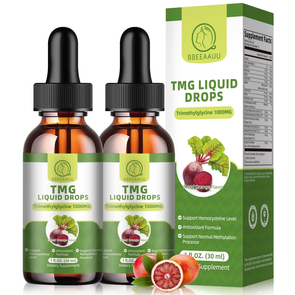 TMG 补充1000MG - 三甲基甘氨酸液滴,贝氏高吸附,支持甲基化,肝脏健康与认知,非GMO,Vegan,血橙Flavor, 1 Fl.Oz(2 Pack)