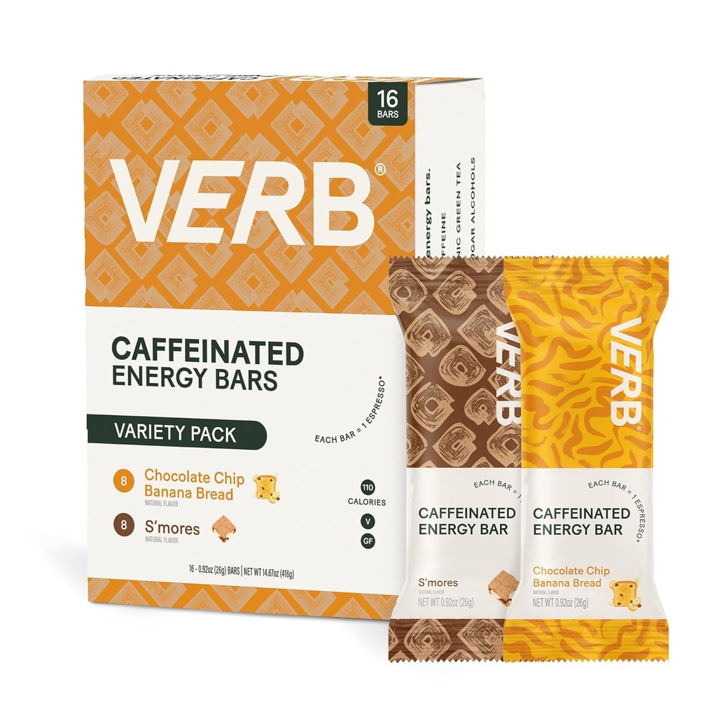 咖啡酸性能量棒(Verb Cafeated Energy Bars Variety Pack) - 2 美味Flavors (26g, pack of 16) 110-Calorie 美味低糖能量棒,Vegan & Gluten Free On-the Go Snack 配有 80mg 绿色茶叶咖啡因