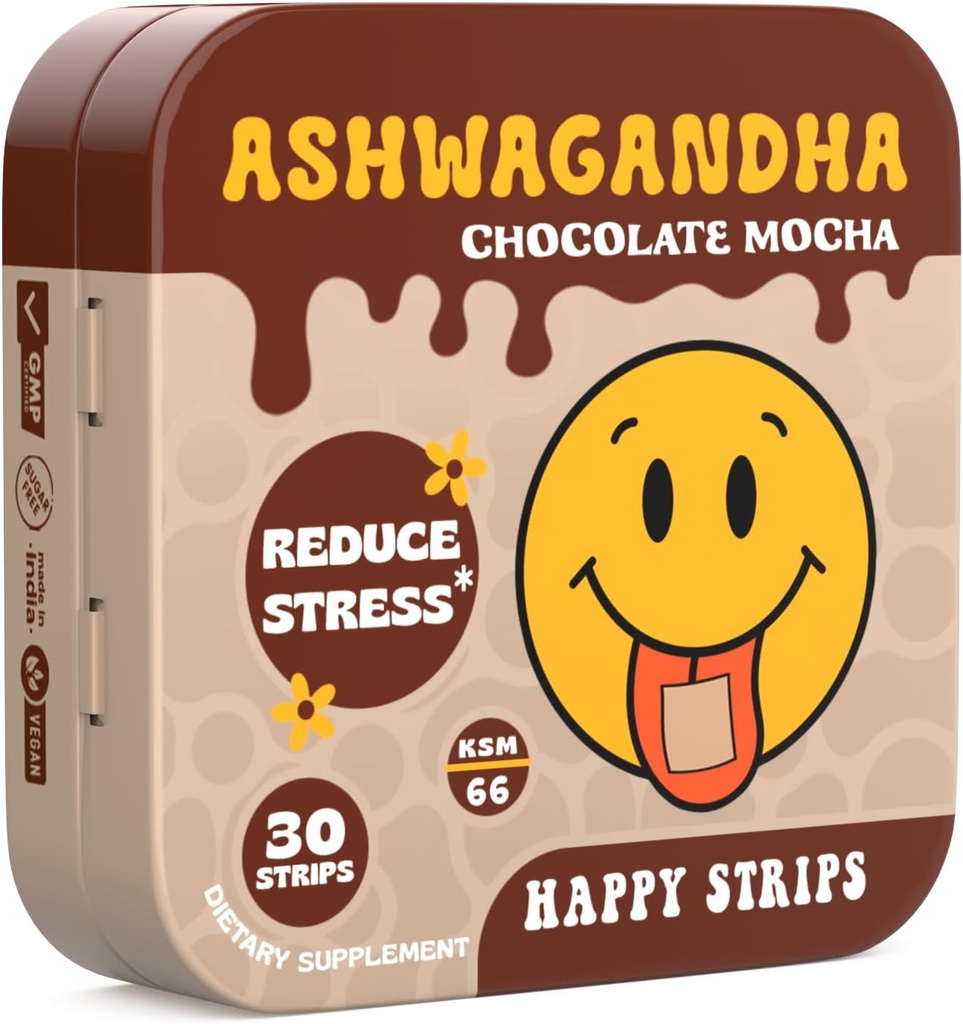 快乐的条纹 有机 Ashwagandha KSM 66 & GABA 抗压、镇静、睡眠 - 快动作和快速溶解、巧克力摩查火焰、有机、维冈、无糖 - 30个计数
