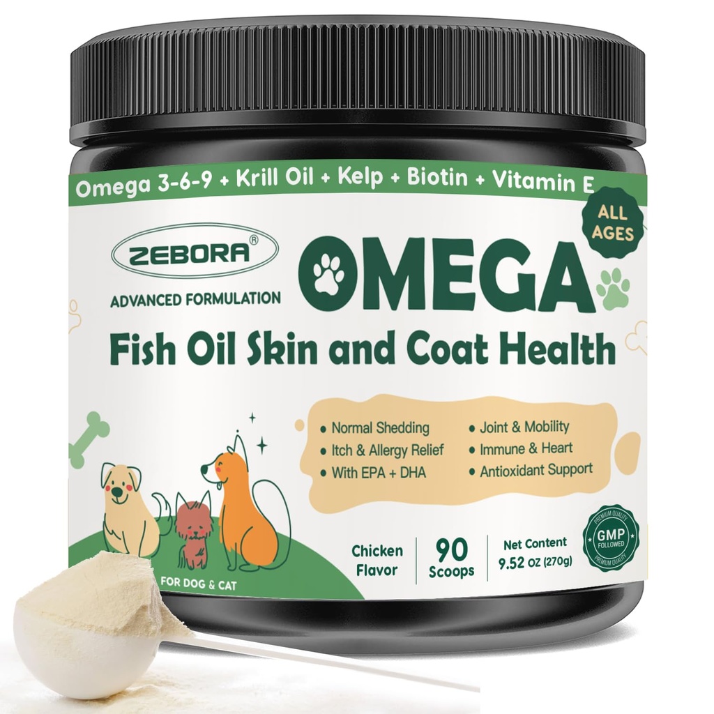 ZEBORA Omega 3 Fish Oil for Dogs, Wild Caught Dog Fish Oil, EPA & DHA, Krill Oil, Kelp, Skin and Coat Supplement, Anti Ich & Sheding, 支持干皮, 联合健康, 狗过敏救济