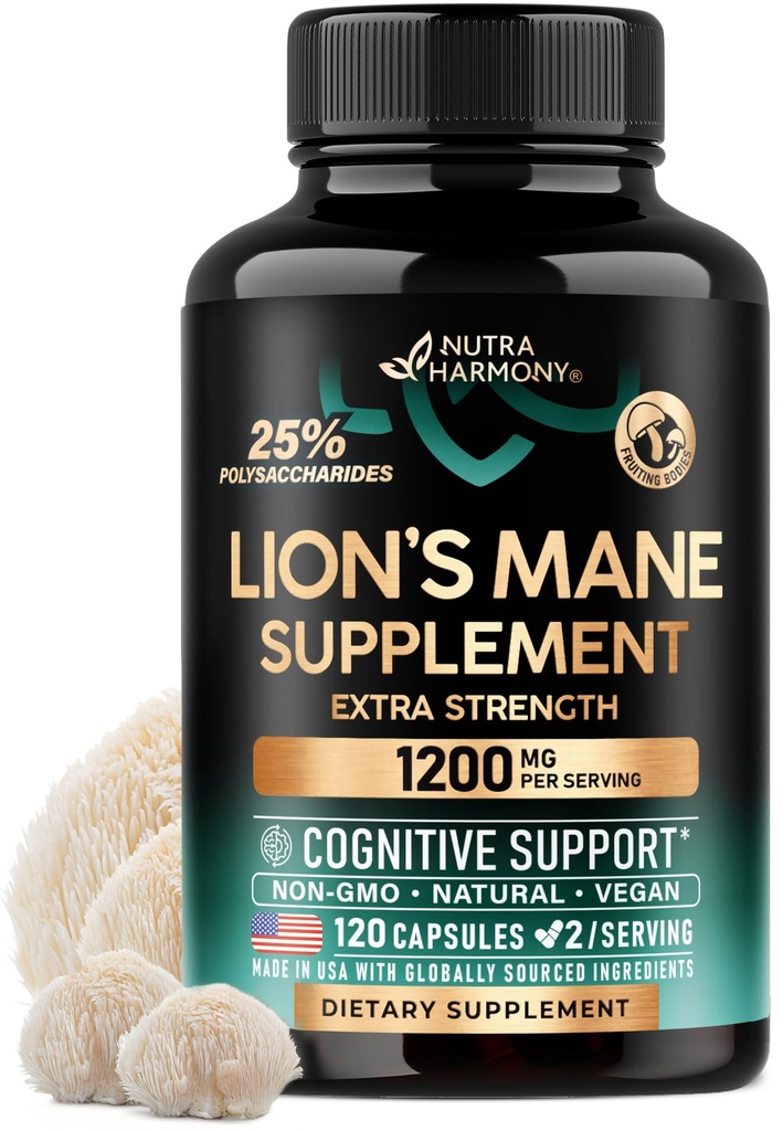 Lions Mane Supplements - 有机狮子 Mane - 在美国制造 - 果实体提取 - 1200 mg,25% Polysaccharides - 记忆和焦点支持 - 作为狮子粉 - 120 Capsules, 2个月供应量
