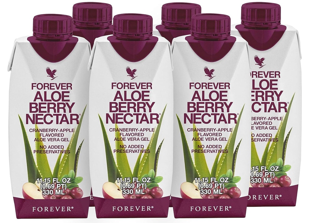 永生 - Aloe Berry Nectar - 90.7% 纯Aloe Vera Gel 配有Cranberry和苹果 - 无防腐剂 - 330 ML(6包)