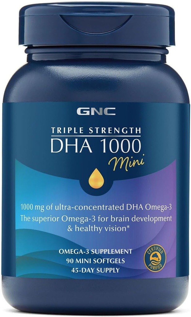 GNC 三强DHA 1000 迷你Omega 3 增刊,1000mg,超集中,高概率,支持大脑发育和健康视野,Burpless,90 迷你软胶,45 SVG,45日供应