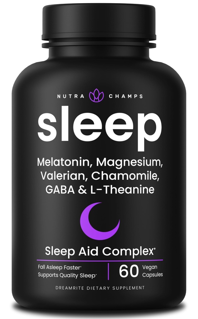 NutraChamps 10in-1 成人天然睡眠援助 - Melatonin, Lemon Balm 1000mg, Chamomile 400mg, Valerian root 600mg, L Theanine, L Tryptophan, GABA, 镁睡眠援助