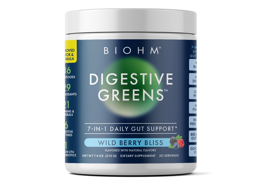 BIOHM 消化绿素,绿色超食品粉(7.4 Oz, 30 services) Immune & Gut 健康支持 抗氧化剂,维生素,Probiotics & Ezymes, Fiber的好来源, Berry Flavor