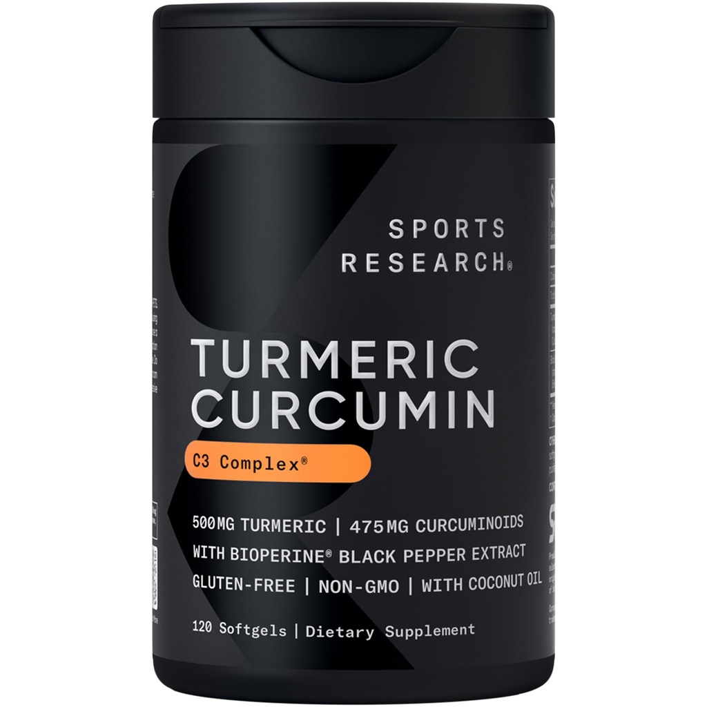 运动研究 Turmeric Crucumin C3 复合体 - 软胶带 Bioperine Black Pepper 提取器和有机椰油, 标准化 95% Crucuminoids - 非 GMO 验证 & Gluten Free - 500mg, 120 Count