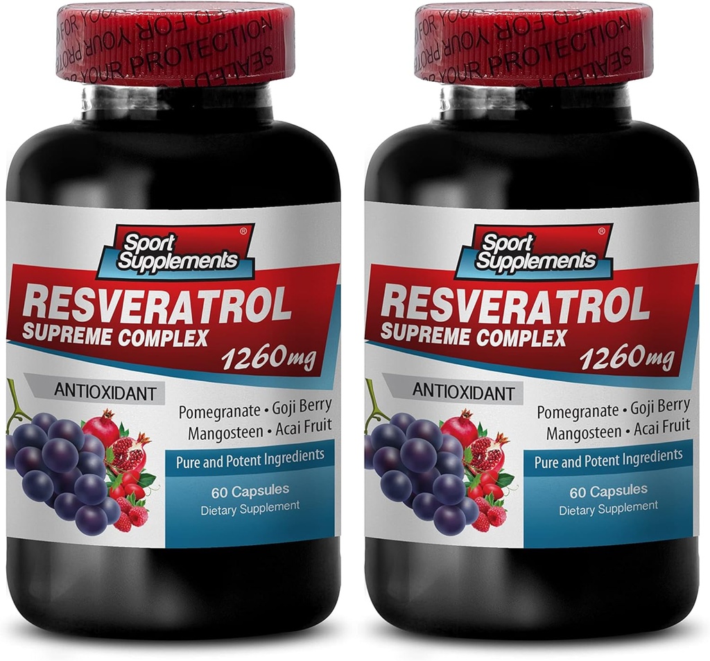 Resveratrol Supreme 1200mg 最大强度+ 1200 红酒补充剂 resveratrol 补充红酒 resveratrol 抗氧化剂 红酒提取剂 resveratrol 红酒葡萄籽 2瓶