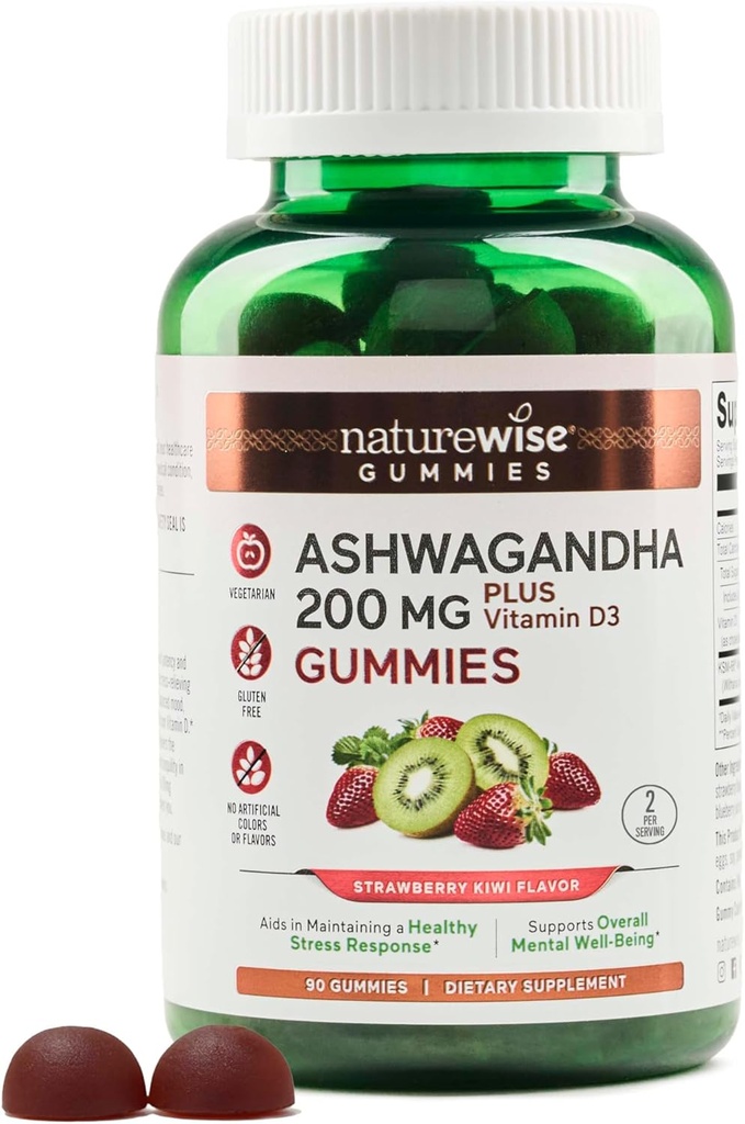 NatureWise Ashwagandha Gummys - 草莓 Kiwi - KSM-66 配有维生素D3 - 镇定Mood支持 - 蔬菜 - 非GMO, Gelatin和Gluten Free - 90 Counter [45日供应]
