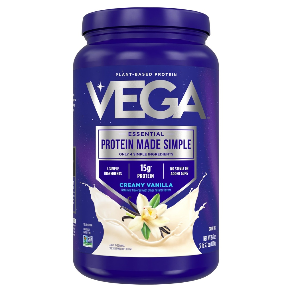 Vega蛋白质制作简单蛋白粉,香草 - Stevia Free, Vegan,植物基,健康,Gluten Free, Pea protein for Men and Men, 2.2 lbs (包装 May Vary)
