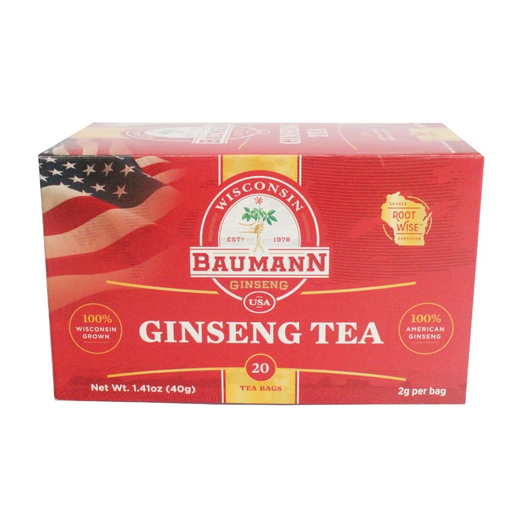 Baumann Premium American Ginseng Tea Bags (20 Tea Bags) - 威斯康星州正宗的Panax Grown Panax Ginseng 草药茶 - 带有抗氧化剂Ginsenosides的健康绿茶,用于增强焦点和能量