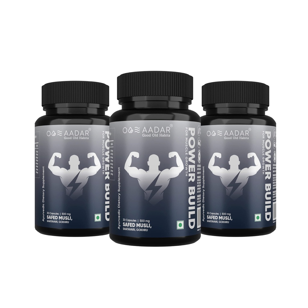 AADAR Power Building QQ Ayurvedic Real Muscle Mass Gainer 改进性能和靴子代谢(萨夫德·穆斯利,戈赫鲁,沙塔瓦里) 30 Capsules (Pack 3)