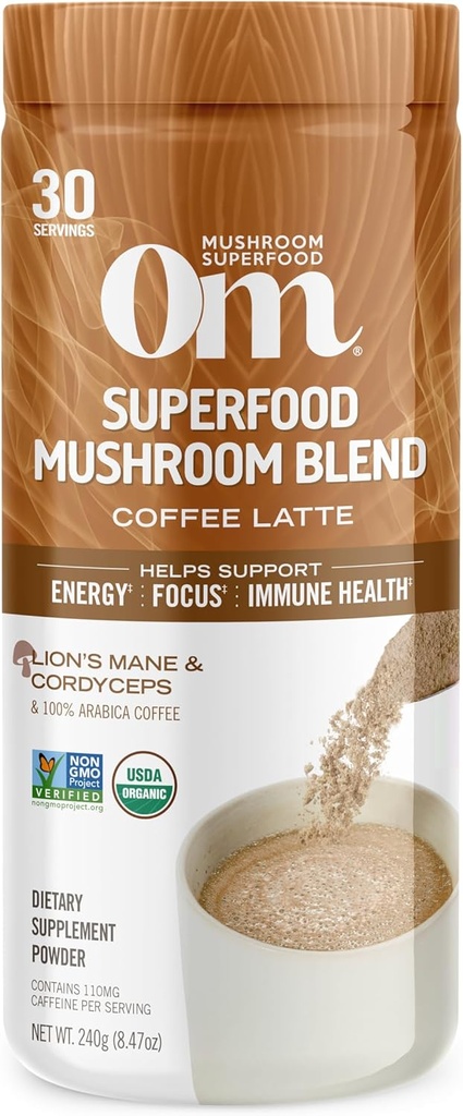 OM MUSHROOM SUPERFOOOD 咖啡 Latte Blend 蘑菇粉,8.47 Ounce Canister, 30名服务员,狮子马恩,Cordyceps,Reishi,Chaga,能源与精神清晰支助补编