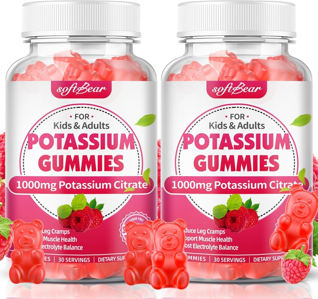 软熊Potasium Citrate 1000mg Gummys – 用于肌肉支持和电解平衡的高吸收性Potasium Gummys – 用于妇女和成年人的Potasium 补充, Vegan, Raspberry Flavor (120 计)