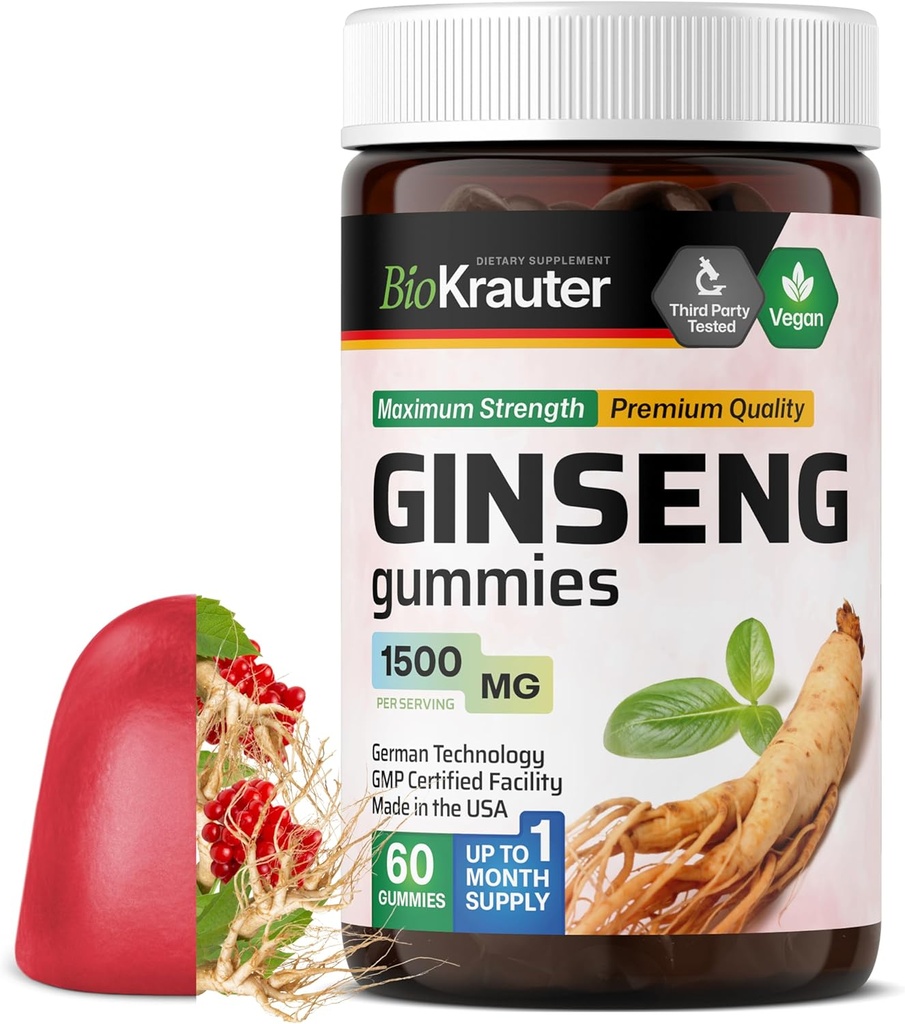 BIO KRAUTER Panax Ginseng Gummys - 1500 mg 强力 - 60 计数 - 厨师红 Ginseng 补充 - 免疫支持 Gummys - Vegan, Pectin-based, 非GMO
