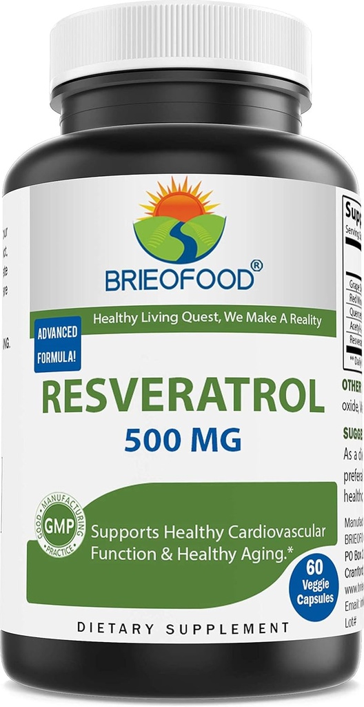 Brieofood Resveratrol 500mg - 心血管和免疫系统天然抗氧化剂补充剂健康 - 60 Veggie Capsules