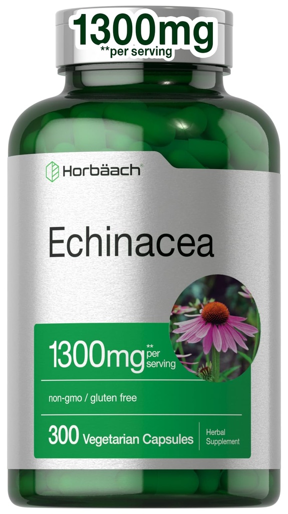 Horbäach Echinacea 摘录 Capsules 1300mg | 300 counter | Vegan, Non-GMO, Gluten 免费补编
