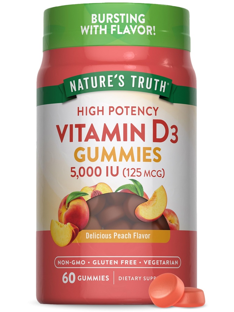 Nature's Truth Vitamin D3 Gummys | 5000 IU | 60 Count | Peach Flavor | Vegetarian, Non-GMO & Gluten Free Supplement (英语).