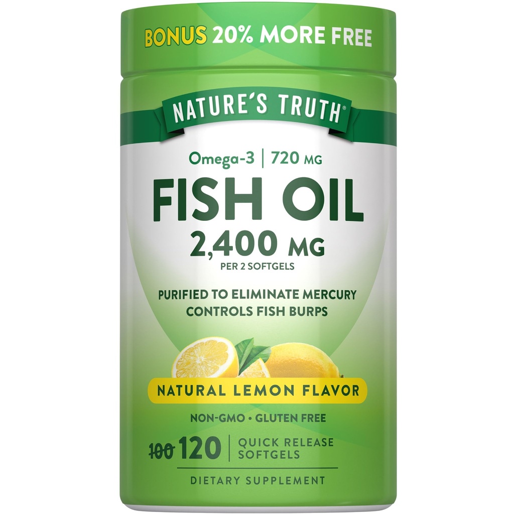自然真鱼油 2400mg → 120 快速释放软胶 → 720 mg Omega 3 → Burpless Lemon Flavor Pills → Non-GMO & Gluten Free Suppless