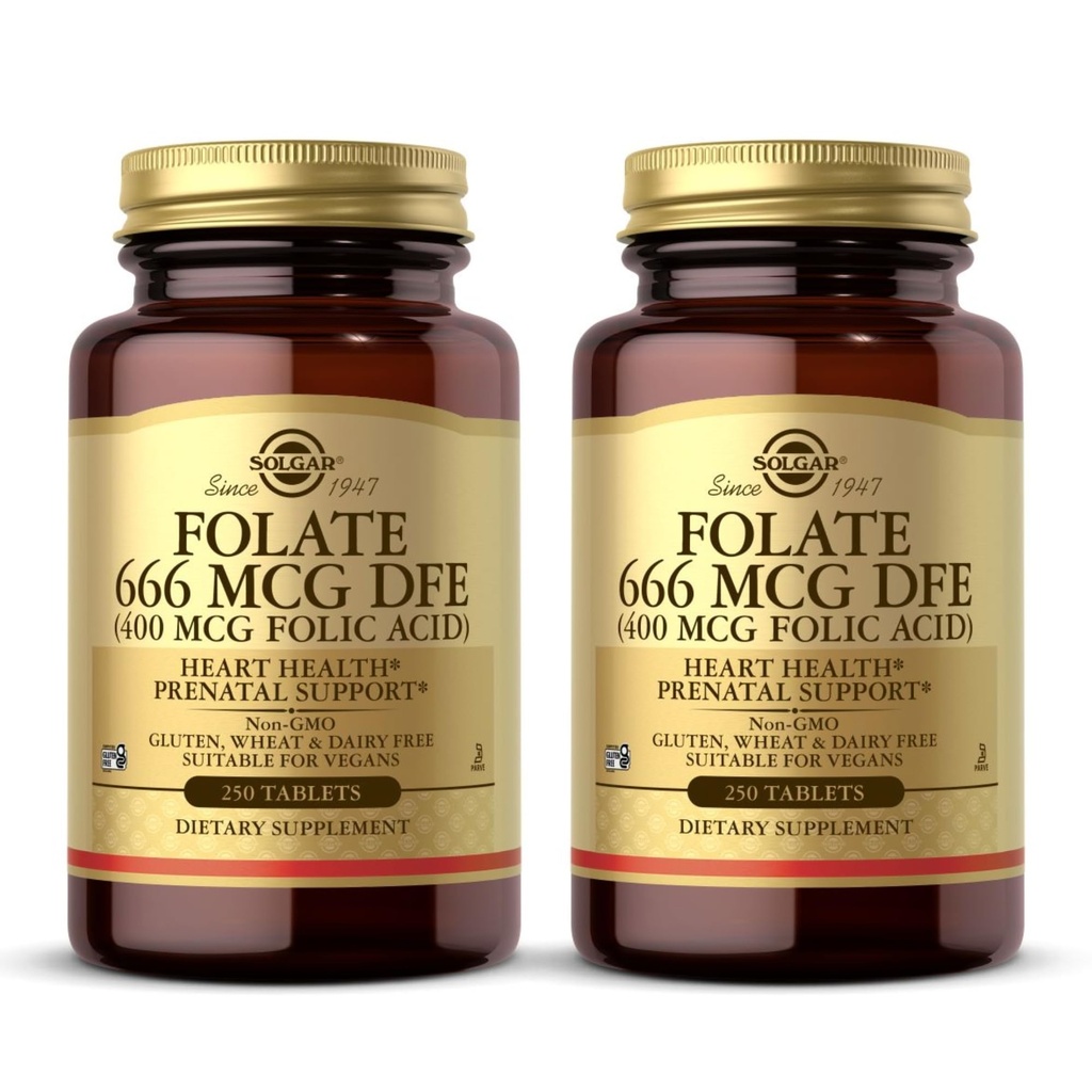 Solgar Folate 666 mcg DFE(叶酸400 mcg) - 250 片,包装2 - 产前支持 - 非GMO,Vegan,Gluten Free,乳品自由,Kosher - 500 总服务量