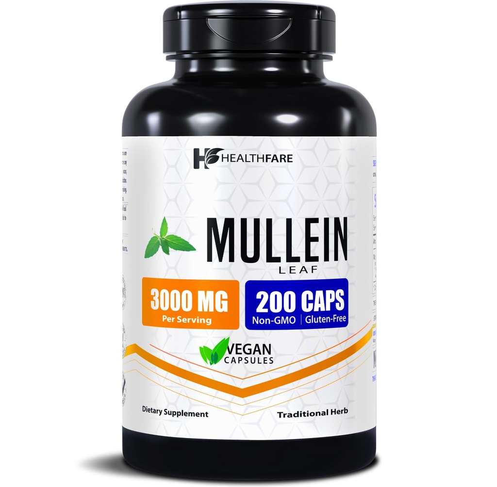Mullein叶片摘录 3000mg → 200 Vegan Capsules → 超强草药补充 → 支持健康与平衡 → 非GMO,Gluten-free → 在美国制造