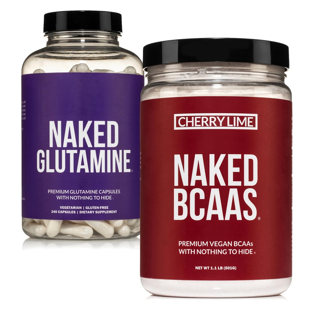 NAKED Cherry Lime BCAAs 34 Sevings +纯 L-Glutanine 240 Capsules Bundle:非GMO,Gluten Free,肌肉恢复,无人工