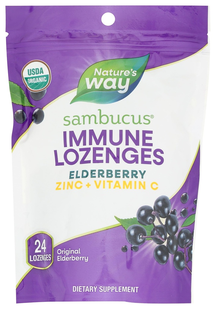 (原始内容存档于2019-03-21) (英语). Nature's Way Sambucus Imune Lozenges, Zinc + Vitamin C, Black Elderberry Extract, UDA 认证有机体,原生贝里火焰,24 Lozenges (Package May Vary).