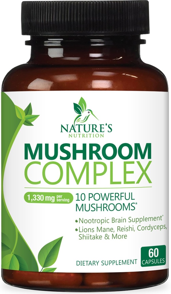 蘑菇脑补充剂1330 mg - 10 in 1 高强度蘑菇综合体与狮子 Mane, Turkey Tail, Reishi, Cordyceps, Chaga & Brain Nootropic Complex for memory and Focus Support - 60 Capsules (英语).