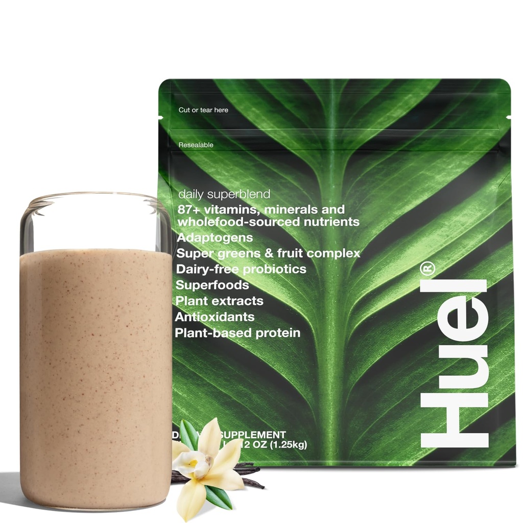 Huel Daily Superblend Vanilla Powder + 25g 植物基蛋白质 + 超绿色蛋白质 → 87 维生素,矿物,和全食源成份 → 19 服务 → 不包括减少塑料的 Scoop