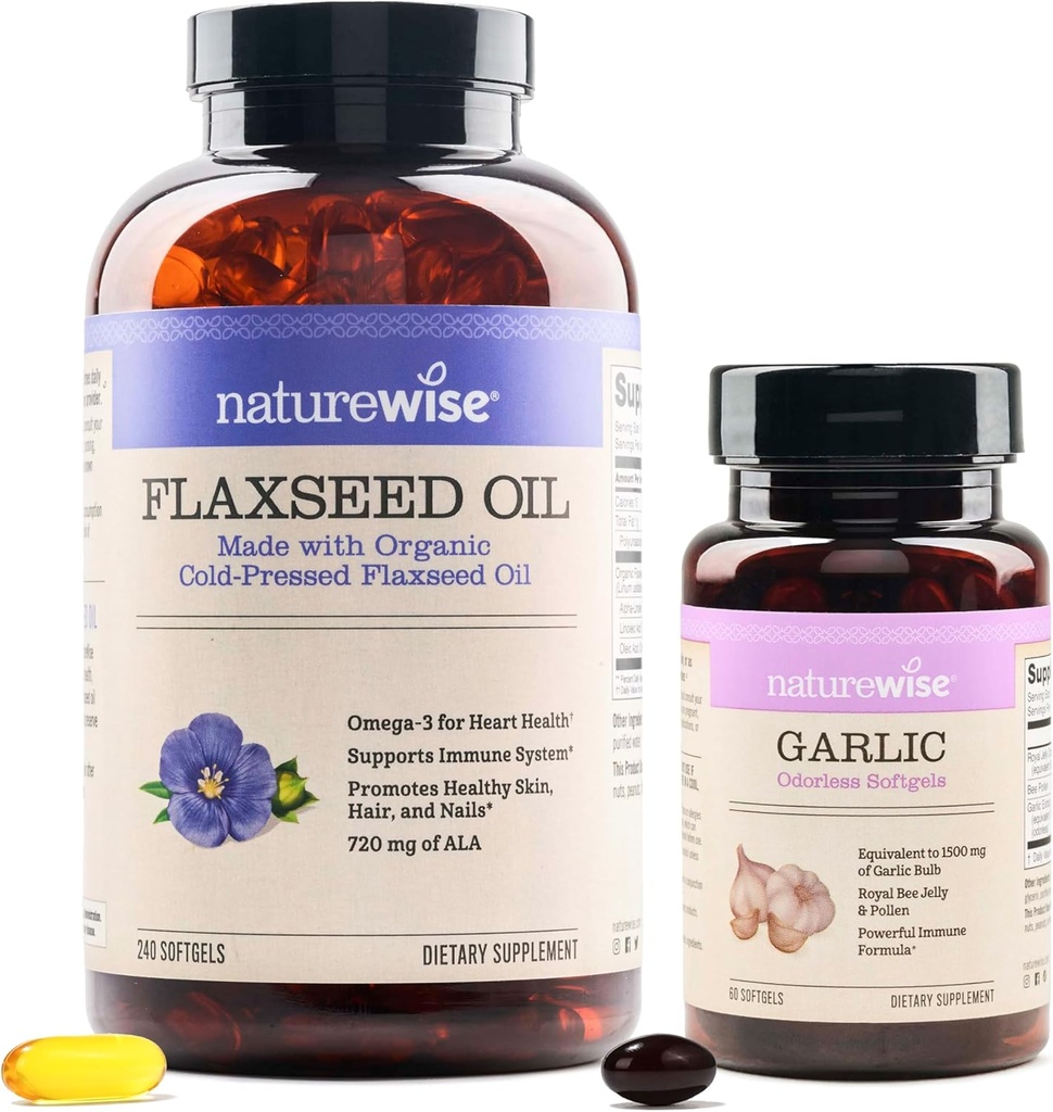 NatureWise 有机叶片籽油 Max 720mg ALA QQ 最高概率叶片糖油 Omega 3 大蒜无色软胶 1500mg 支持齿质和免疫系统健康