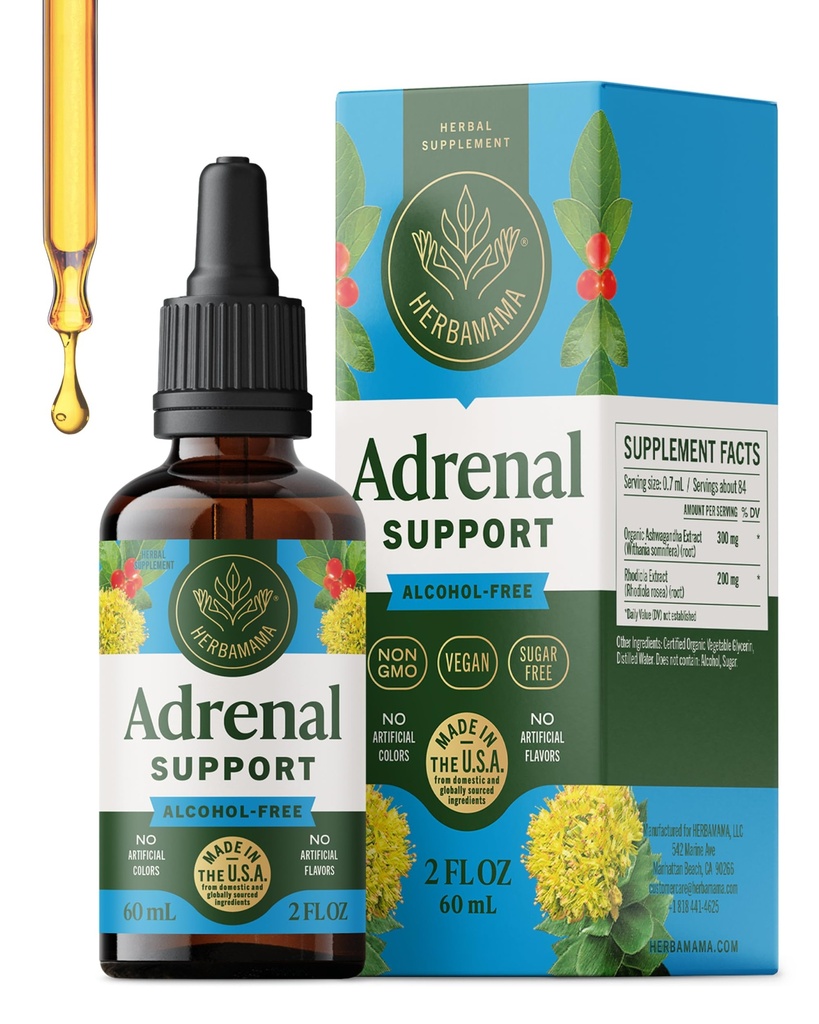 HERBAMMA 肾上腺支持液滴 - Vegan 肾上腺叮当与 Ashwagandha Root & Rhodiola Rosea 提取 - 非GMO,酒精和无糖补充 - 28日供应