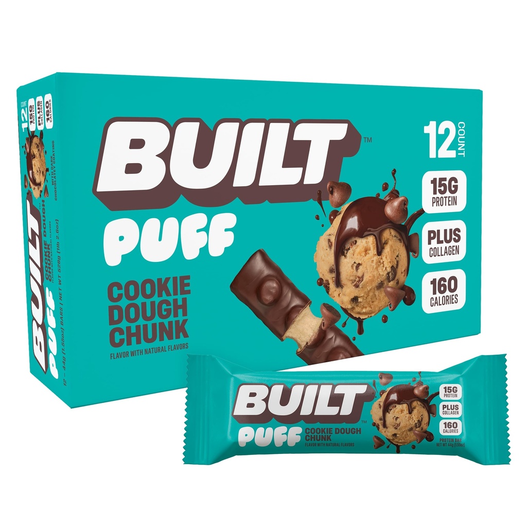 建造了酒吧,Puff蛋白棒,Cookie Dough Chunk Puff,15g蛋白棒,On-The-Go Bars,只有160个卡路里,8g糖,Collagen, Not Gluten Free, 12个伯爵