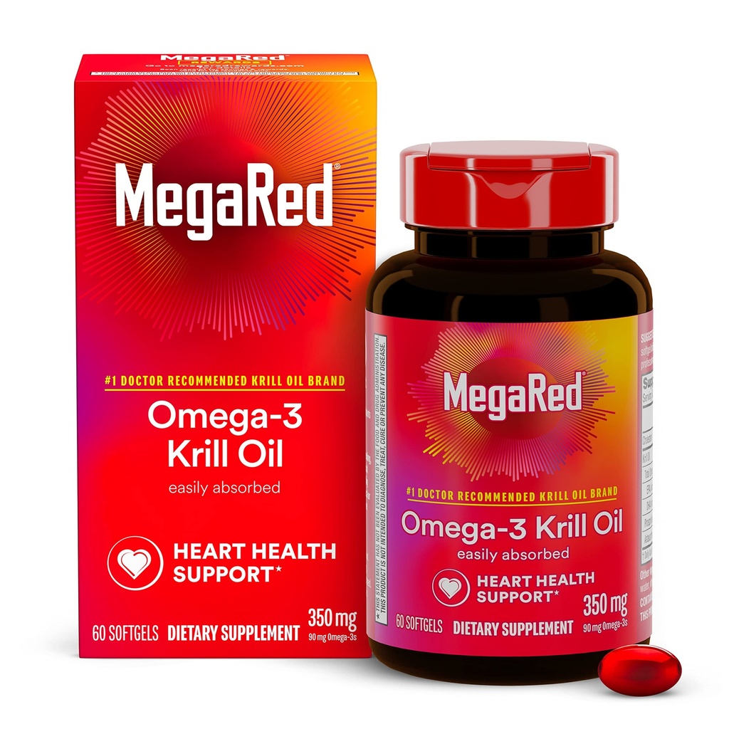 Omega-3 Krill Oil 350mg Softgels, MegaRed(60 Counter in A Bottle), EPA & DHA Omega-3 脂肪酸与鱼油不同,含有抗氧化剂 Astaxanthin