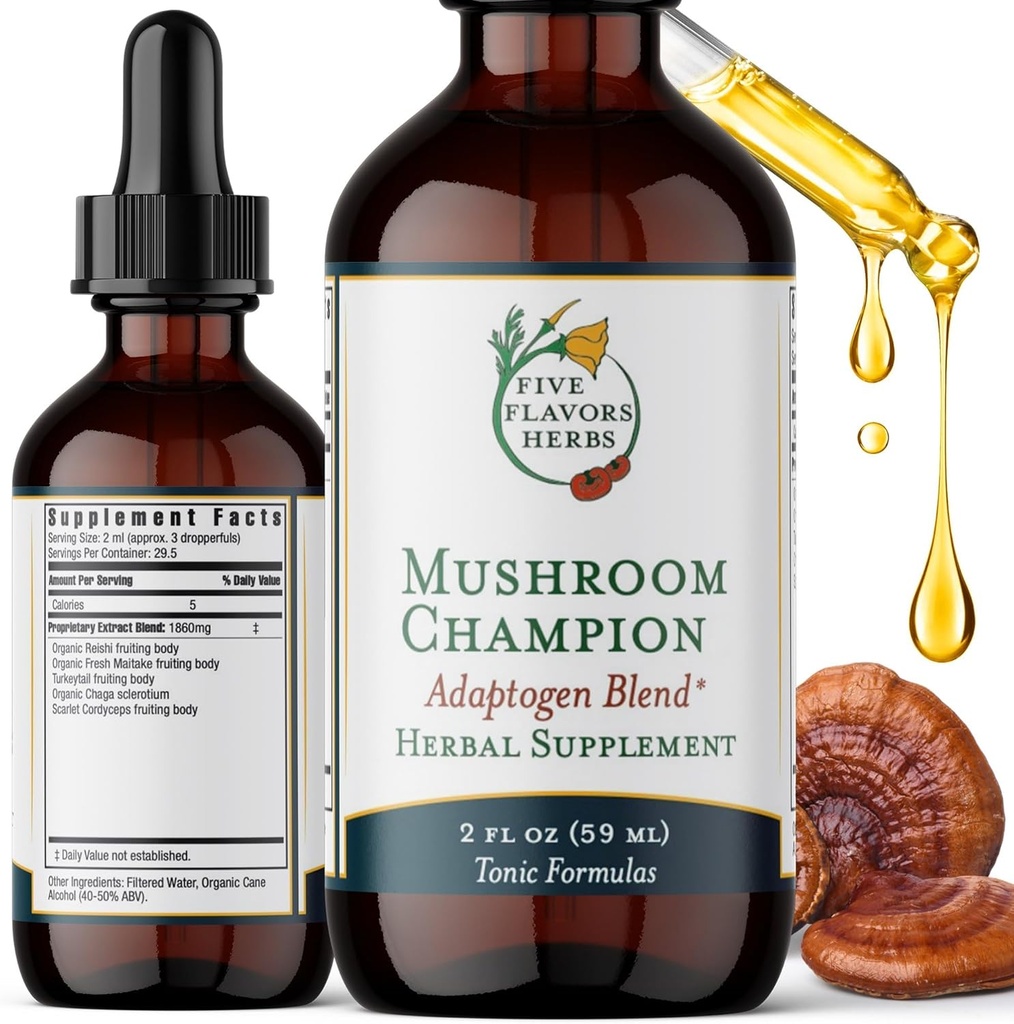 蘑菇冠军Tincture - 元件支持, 免疫支持, 呼吸支持, Adaptogen Blend, Tonic Form, Reishi, Maitake, 草药补充 - 2 Fl Oz