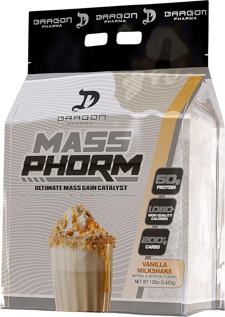 DRAGON PHARMA 弥撒 PHORM, 最终质量增益催化剂, 50g 蛋白质矩阵,200g 复合碳水化合物, 1000多卡罗里/每架服务(20架,香草奶昔)