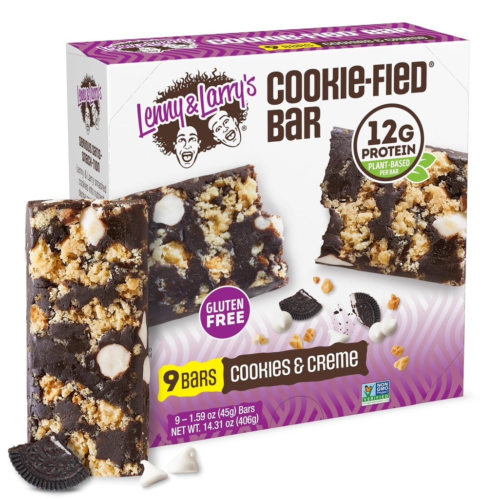 Lenny & Larry 的 Cookie-fied 蛋白条 – Cookies & Creme Vegan 蛋白条 9x45g – 带有12g Plant Protein & 5g Fiber – Gluten 自由动力条 Keto 友好,非GMO & Vegan