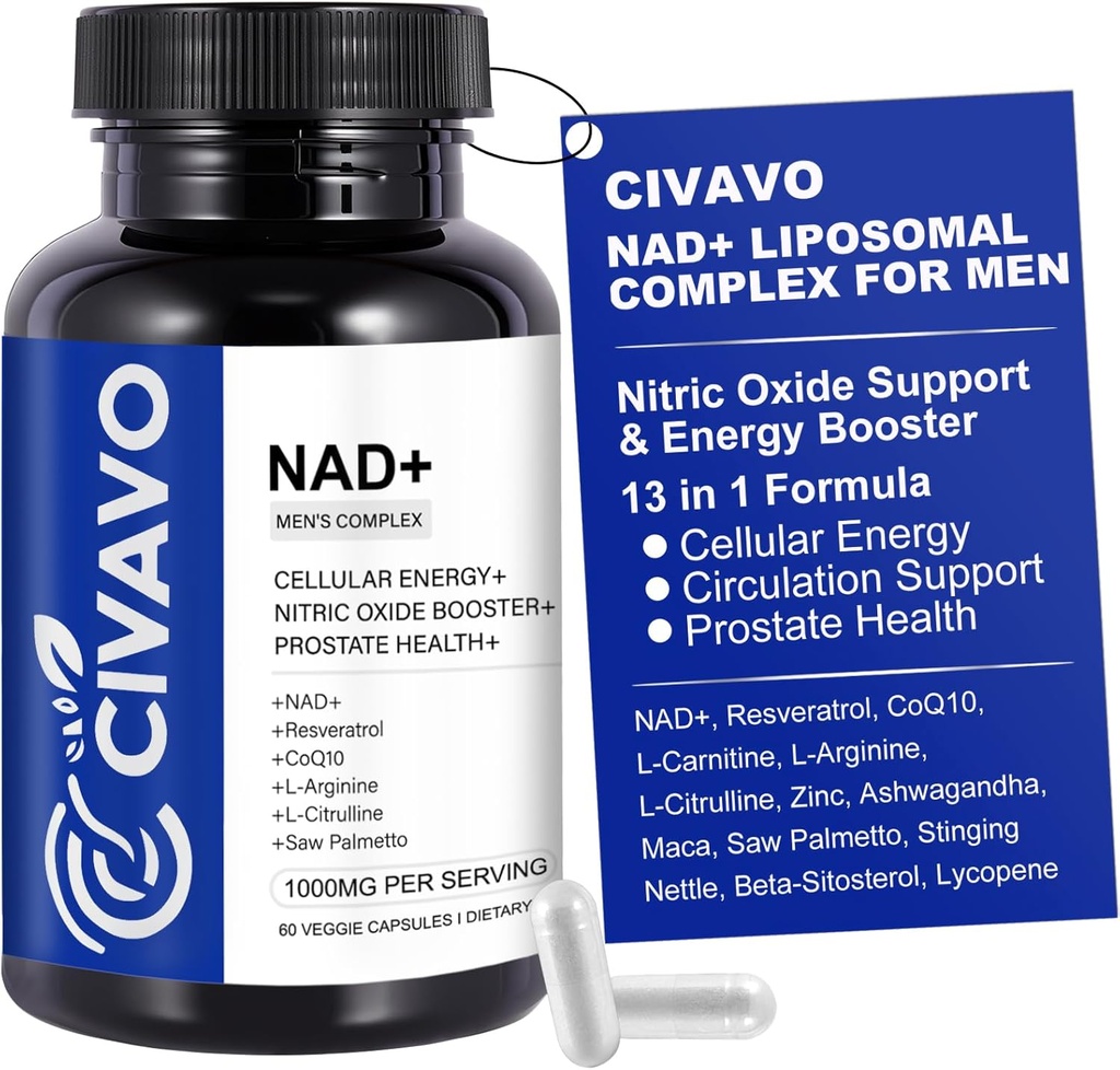 NAD+ 数字化 男子1000mg、NAD+、Resveratrol、CoQ10、L-Citrulline & Maca根-细胞能量、健康老化支持、抗氧化剂、Nitric Oxide前列腺健康60 Capsules