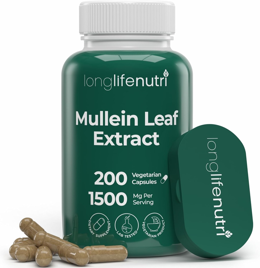 LongLifeNutri Mullein Leaf 1500mg 10:1 摘录 - 200 蔬菜卡普尔,来自有机穆勒因叶粉,呼吸护理草药补充剂,2-Month供应,非GMO,GMP认证,美国制造