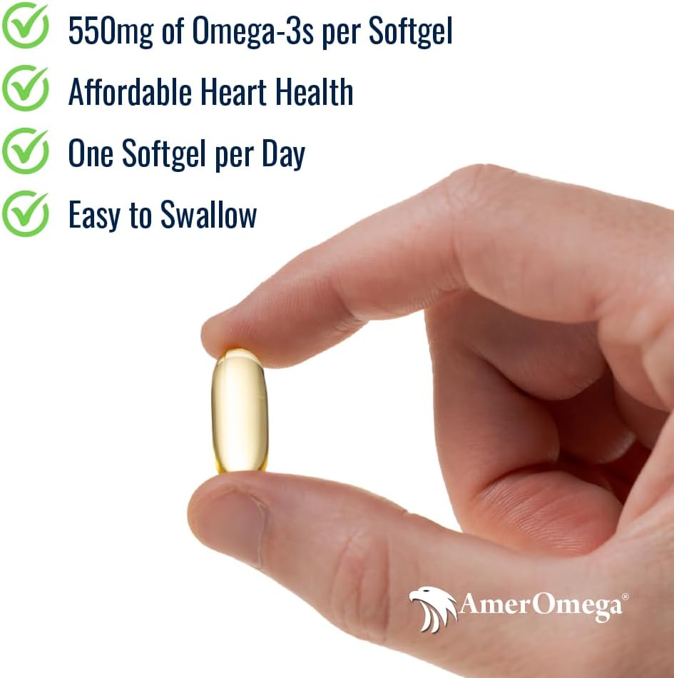 AmerOmega Triglyceride Omega-3 Fish Oil for Heart Health Support - Wild-Caught 阿拉斯加·沃利耶·波洛克 - 美裔来源,美裔马德 - 非GMO,Gluten-Free & Dairy-Free - 60 软胶
