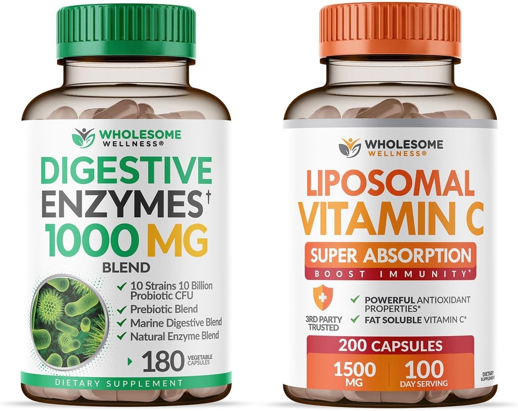 健康消化酶 1000MG + Probiotics + Liposomal 维生素 C Capsules (200 Pills 1500mg 缓冲) Bundle
