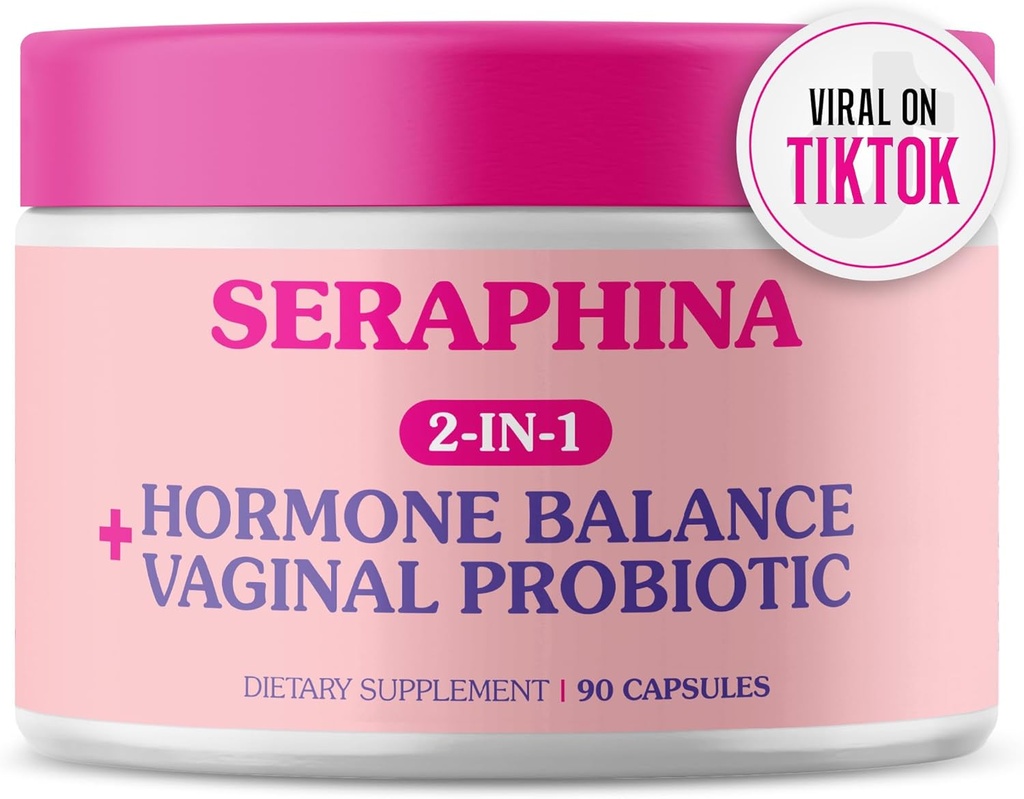 Seraphina 阴道避孕药 2-in-1 妇女+荷尔蒙平衡 - 90 Capsules 完全女性护理, PMS & Urinary Tract Health, Prebiotic Blend, 10亿CFU, 6 Strains (90 ack of 1)
