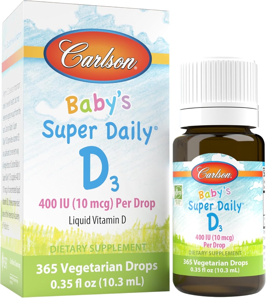 卡尔森 - 婴儿超级日报D3,婴儿维生素D滴,每滴400 IU(10 mcg),1年供应,蔬菜,婴儿和托德勒斯的液体维生素D,不受欢迎,365滴