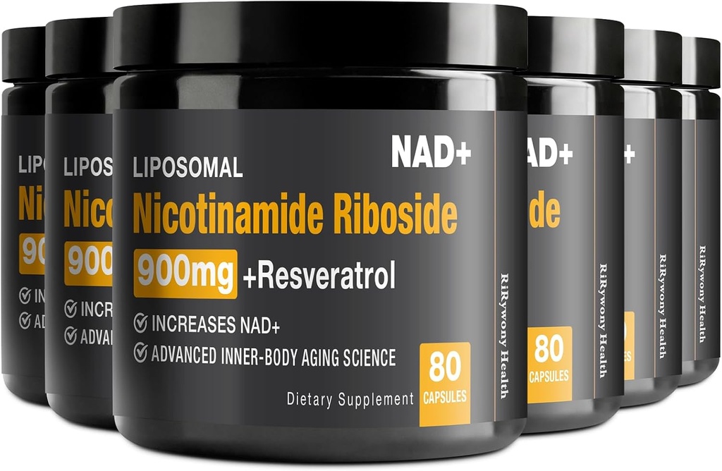 NAD 补充 - NAD+ 与 Nicotinamide Riboside (NR) 和 Resveratrol Quercetin 900mg 纯 NAD Plus 细胞修复健康老化脑功能,80 Capsules (Pack of 6)
