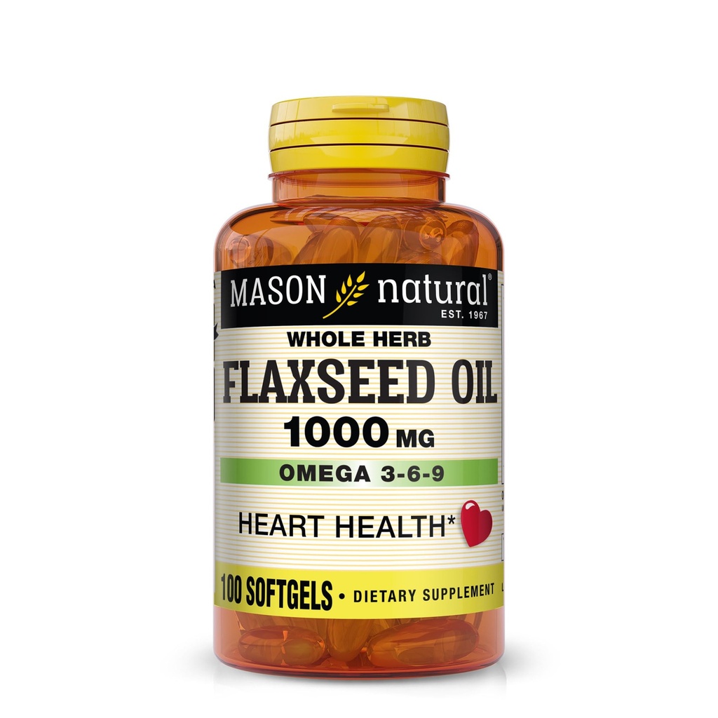 Mason Natural Flaxseed Oil 1000mg – Omega 3-6-9 心脏健康软胶 – Cold-Pressed 整体草药补充剂 – Gluten-Free, Non-GMO, 100 Softgels