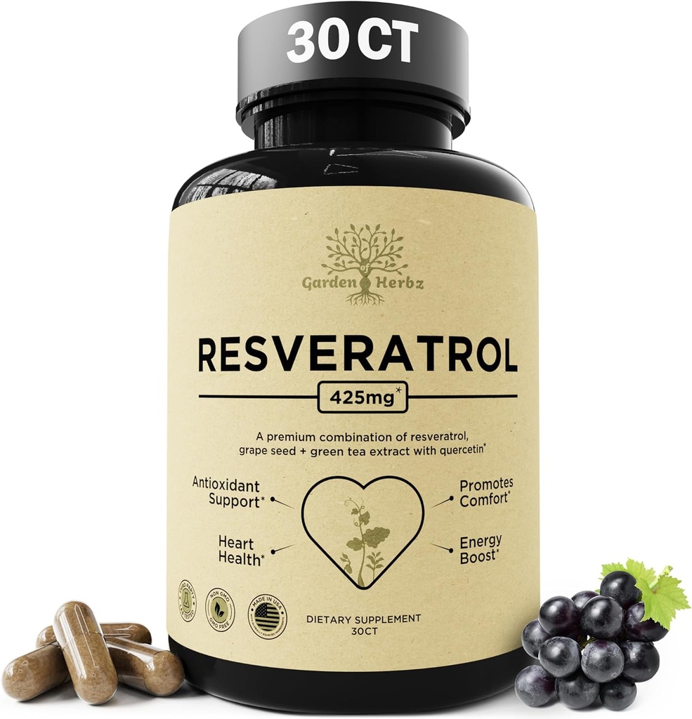 Quercetin & Resveratrol 补充葡萄种子 – 425mg 草本抗氧化剂与健康支持 – Penophenols & Nutrient Blend for General Health, 30Ct