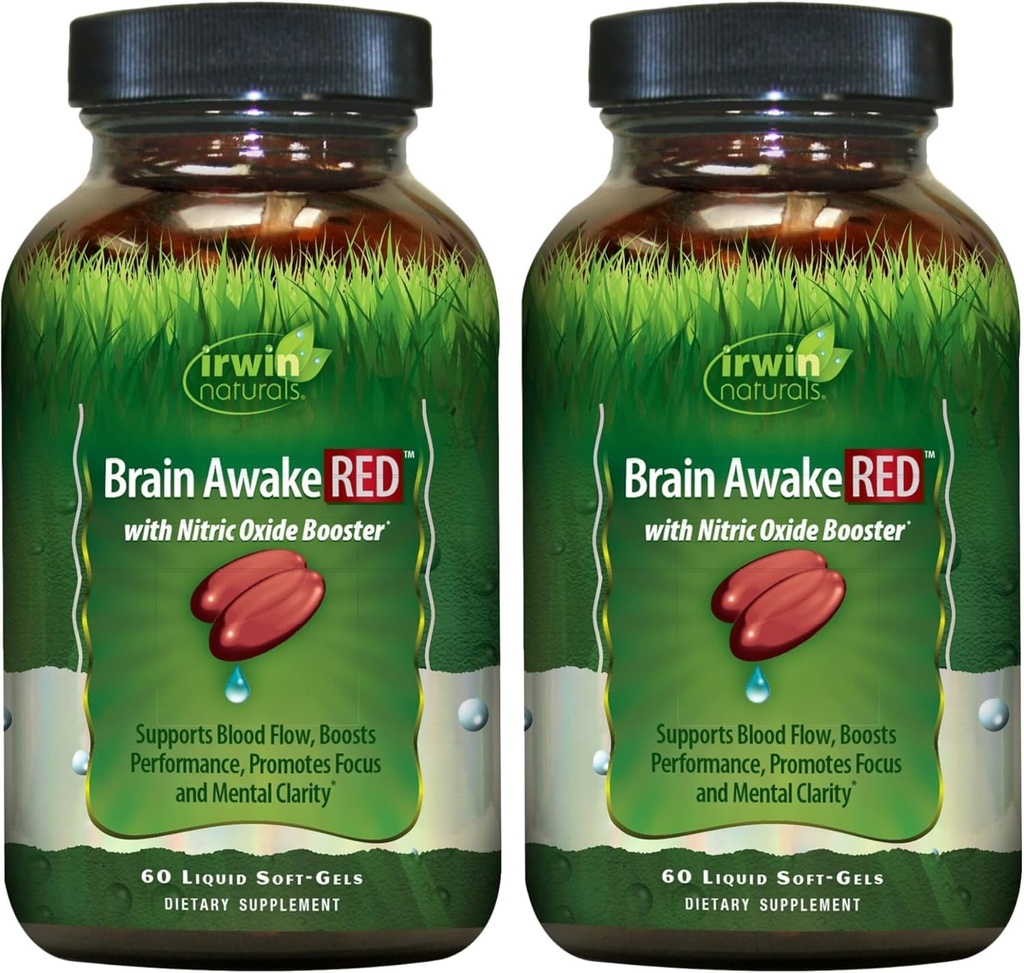 Irwin Naturals Brain Awake RED with Nitric Oxide Boster - 60 Liquid Soft-Gels, pack of 2 - 支持大脑健康和优化性能 - 40 总服务