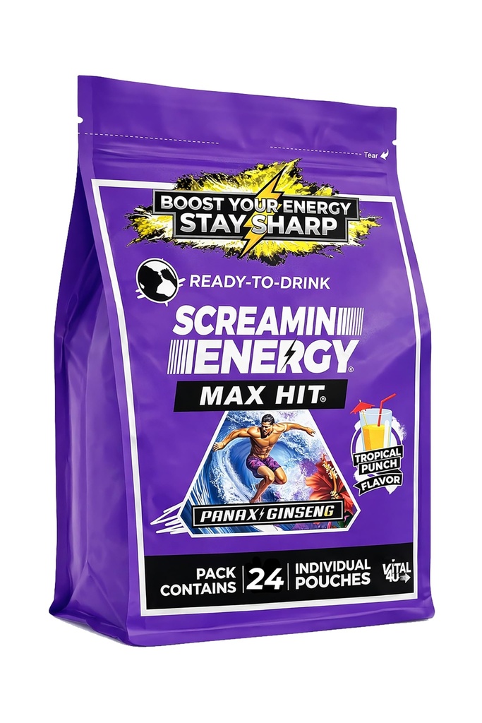 Screamin Energy Max Hit Tropical Punch Flavor - 与Ginseng,B维生素,和咖啡因的"最大力量无糖能源射击" - 24 Counter