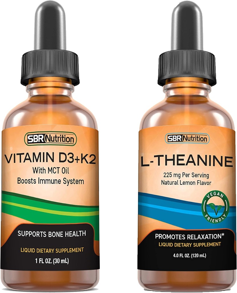 SBR 营养 D3+K2 和 L-Theanine Bundle 维生素 D3K2(MK7) 液体滴, Peppermint, 1oz → L Theanine 225mg 液体滴, 2oz → 成人与儿童 → | 非GMO, Gluten Free