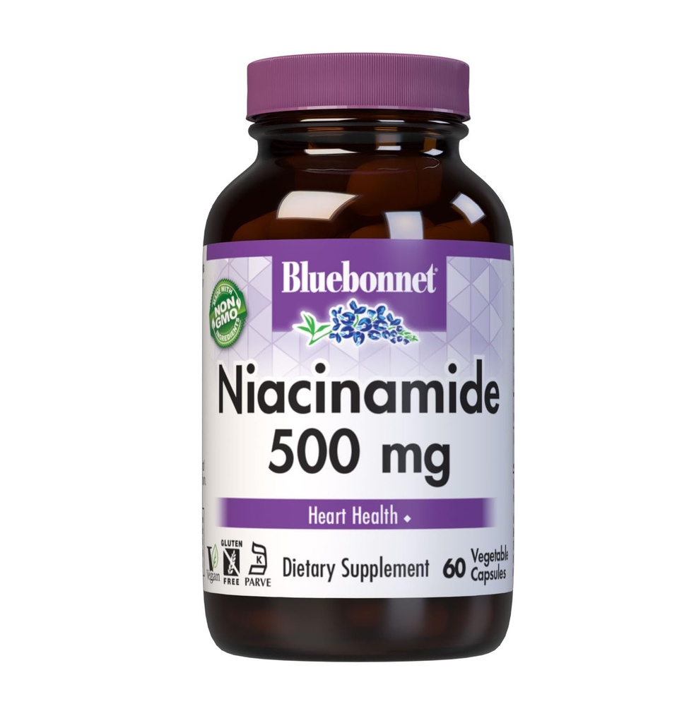 Bluebonnet 营养 Niacinamide 500mg, 支持心血管健康*, 无大豆, 无葡萄糖, 非GMO, Kosher认证, 无乳品, Vegan, 60 蔬菜卡普尔, 60 服务